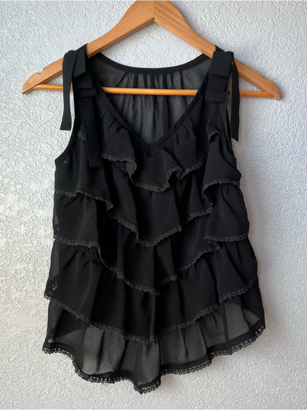 Black Ruffle Chiffon Top Tie Shoulder Sheer Layered Coquette Y2K Goth S